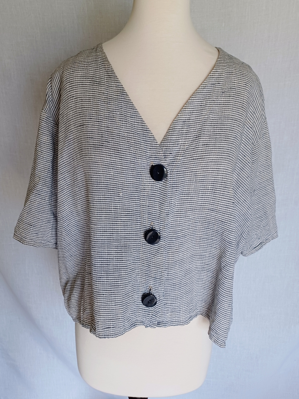 Flax Black & White Striped Button-Front V-Neck Blouse